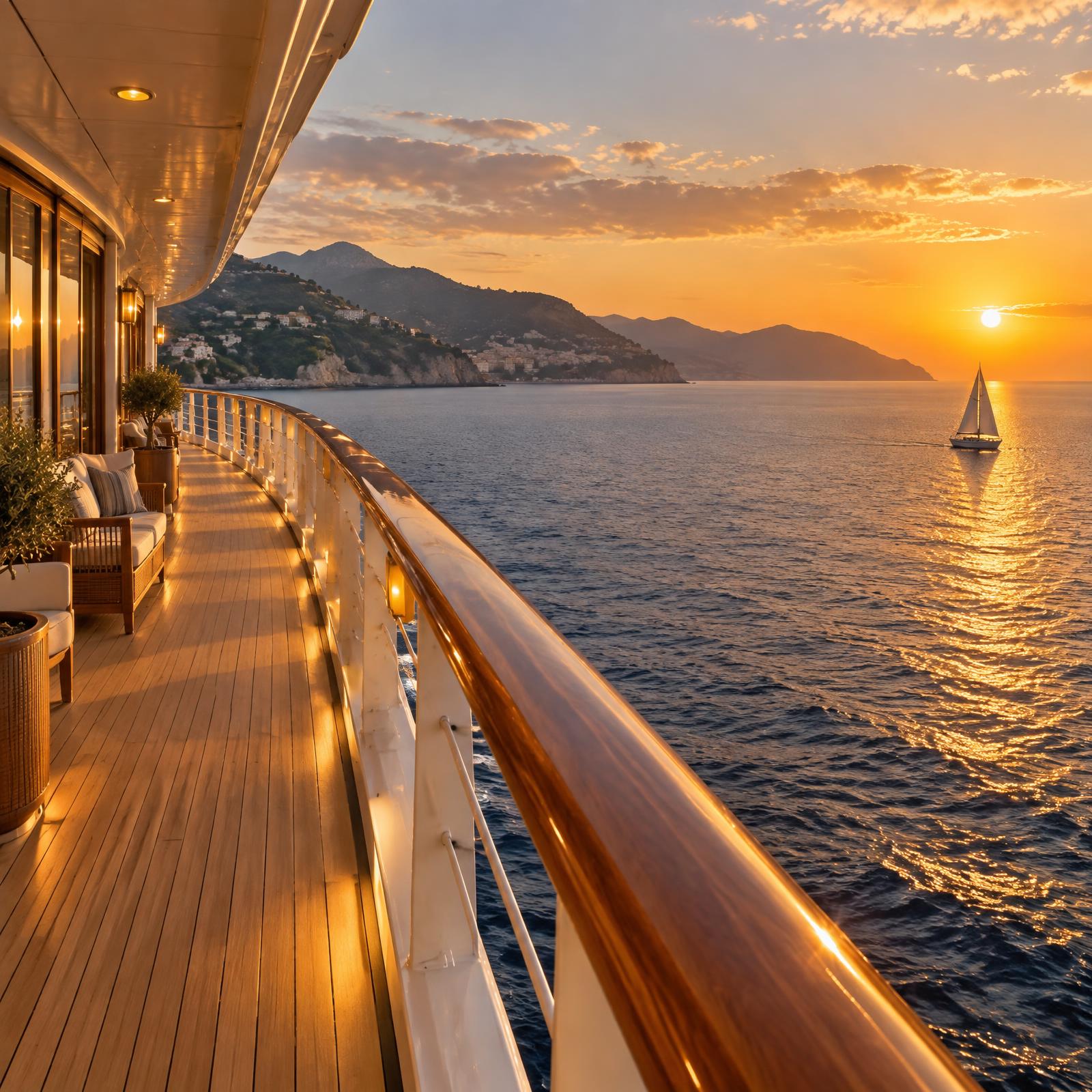 A cruise ship promenade deck at sunset